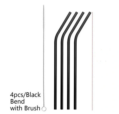 Colourful reusable stainless steel drinking straws with cleaning brush, perfect for eco-friendly sipping.