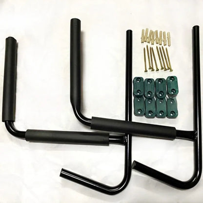Carbon steel kayak wall hanger rack mounted on a wall for storage.