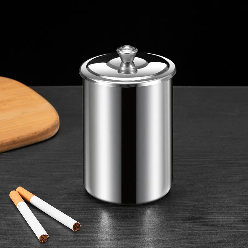 Stainless steel fly ash ashtray with cover, funnel, and smoke button in multiple colours