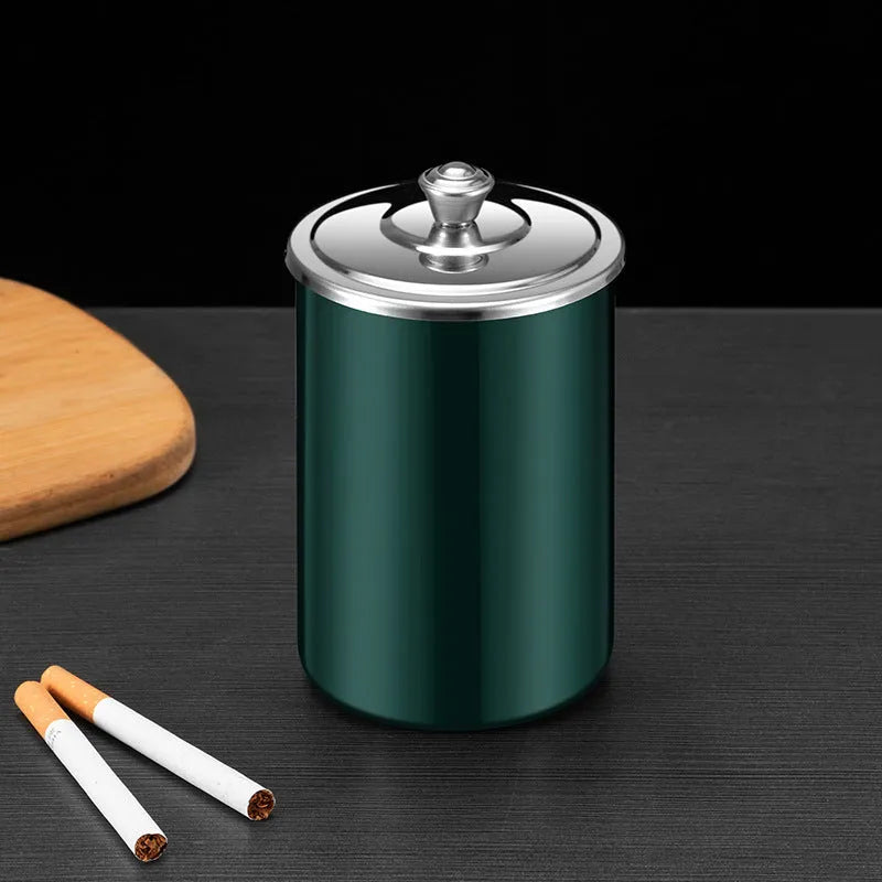 Stainless steel fly ash ashtray with cover, funnel, and smoke button in multiple colours