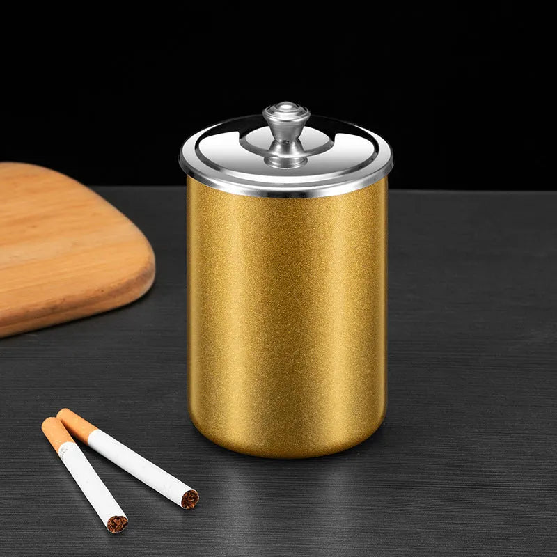 Stainless steel fly ash ashtray with cover, funnel, and smoke button in multiple colours