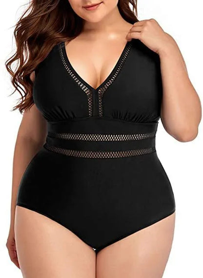Black plus size bikini swimsuit with print design for women, shown on a hanger.