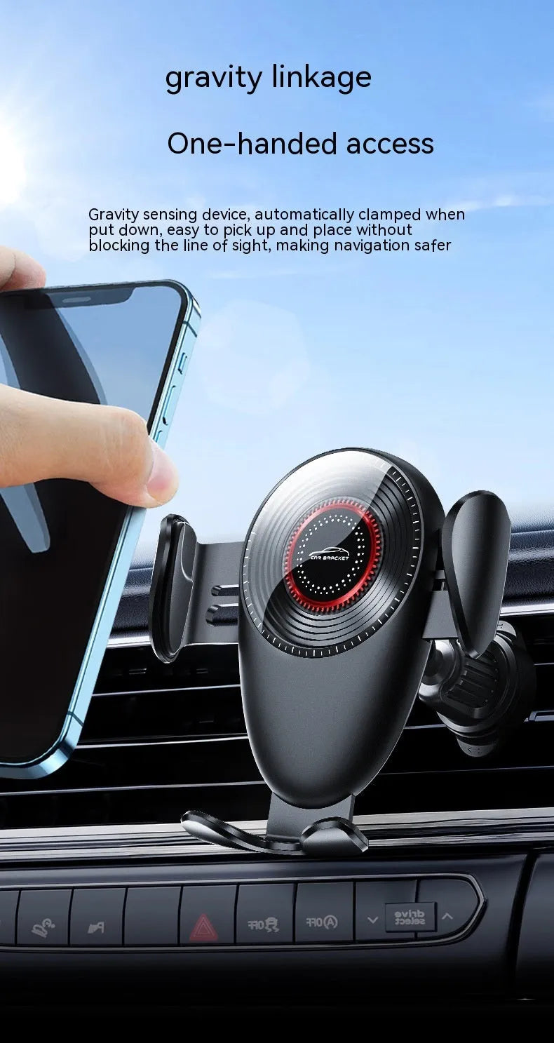 Black car mobile phone bracket mounted on vehicle air vent with adjustable phone grip mechanism