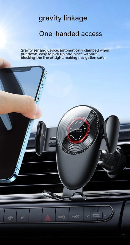 Black car mobile phone bracket mounted on vehicle air vent with adjustable phone grip mechanism