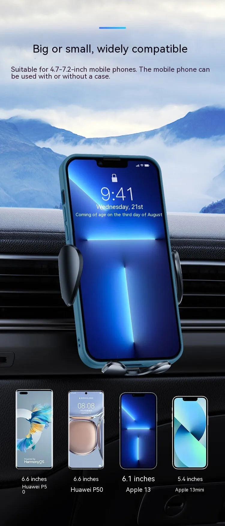 Black car mobile phone bracket mounted on vehicle air vent with adjustable phone grip mechanism