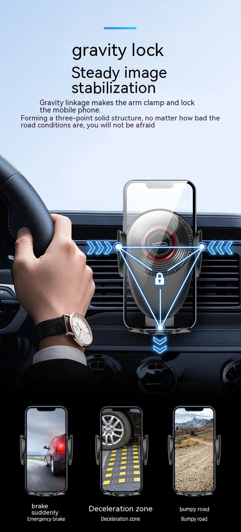 Black car mobile phone bracket mounted on vehicle air vent with adjustable phone grip mechanism