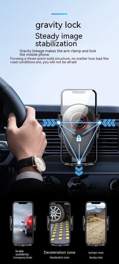 Black car mobile phone bracket mounted on vehicle air vent with adjustable phone grip mechanism