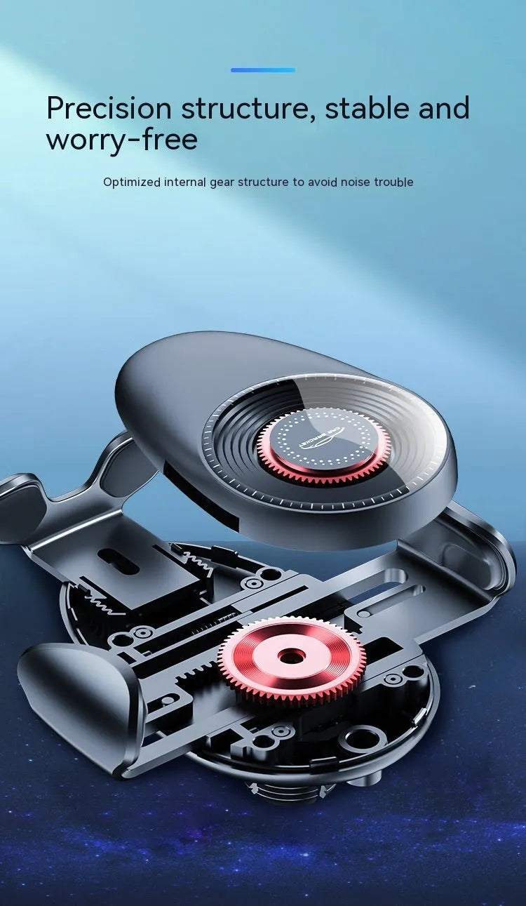 Black car mobile phone bracket mounted on vehicle air vent with adjustable phone grip mechanism