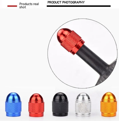 Aluminium alloy bicycle tyre valve cap in a selection of colours for Schrader valves.
