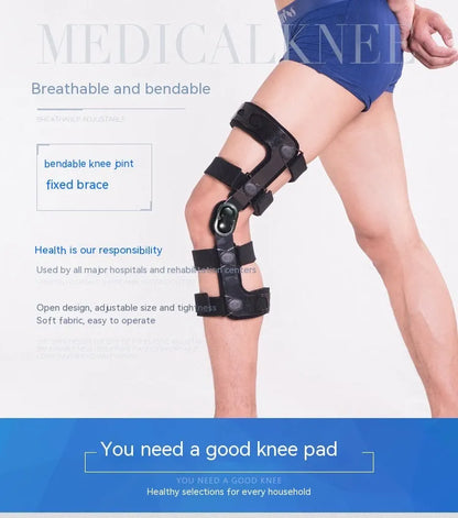 Black anterior ligament knee support pad showing adjustable straps and anatomical shaping for left or right leg.