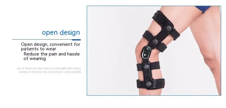 Black anterior ligament knee supporter with adjustable straps, shown on a knee.