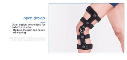 Black anterior ligament knee supporter with adjustable straps, shown on a knee.