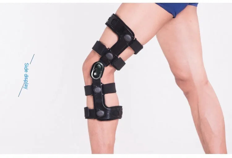 Black anterior ligament knee supporter with adjustable straps, shown on a knee.