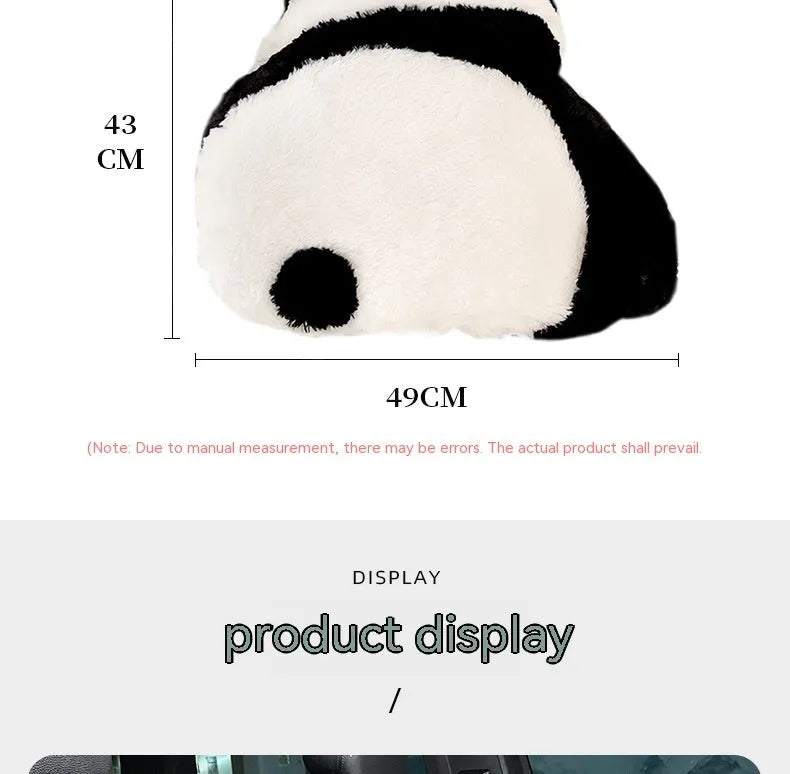 Cartoon panda design plush lumbar support cushion for car seats on a grey background.