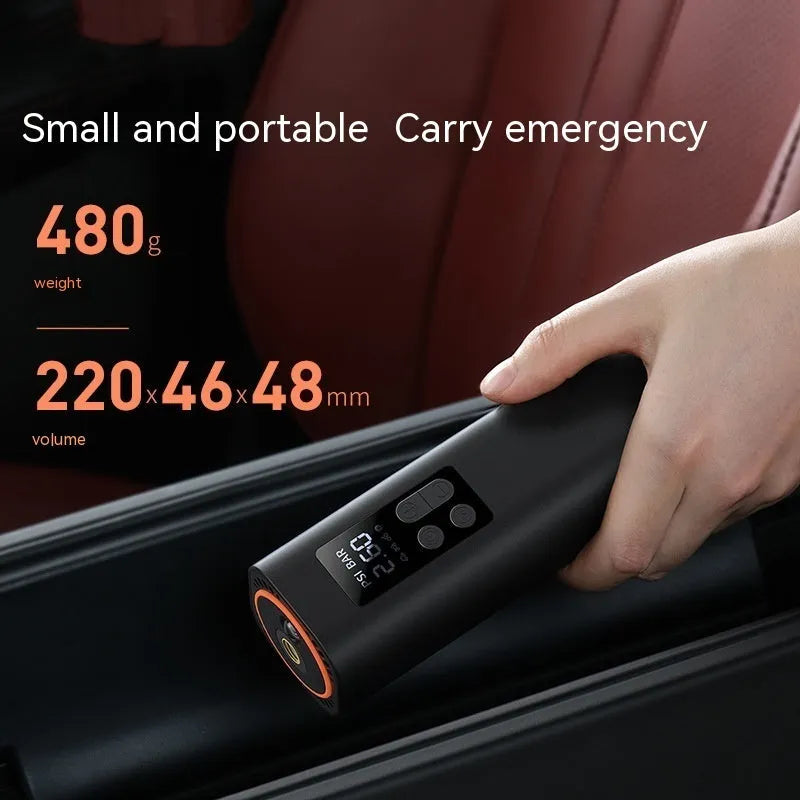 Black digital display car tyre inflator showing compact dimensions and 12V power connection
