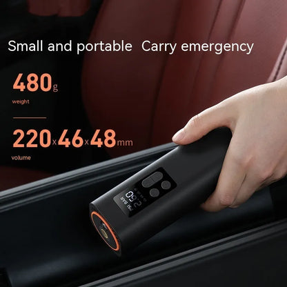 Black digital display car tyre inflator showing compact dimensions and 12V power connection