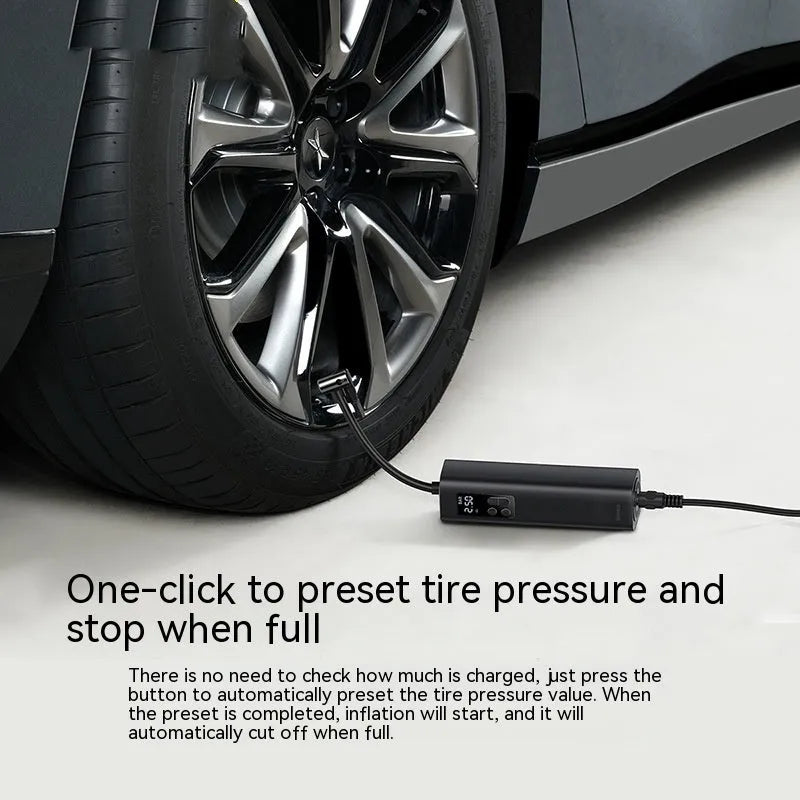 Black digital display car tyre inflator showing compact dimensions and 12V power connection