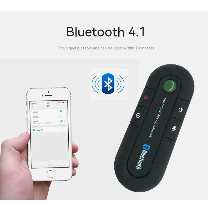 Black Bluetooth hands-free car kit mounted on a car sun visor with charger and cable.