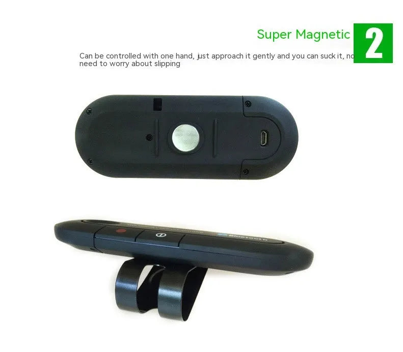 Black Bluetooth hands-free car kit mounted on a car sun visor with charger and cable.