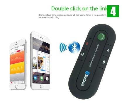 Black Bluetooth hands-free car kit mounted on a car sun visor with charger and cable.