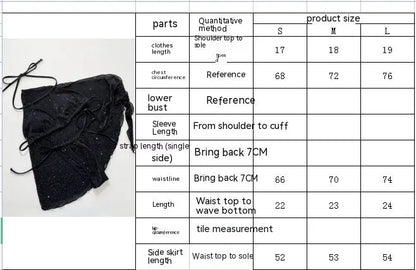 Black three-piece fission style swimsuit bikini set with top and shorts on a mannequin.