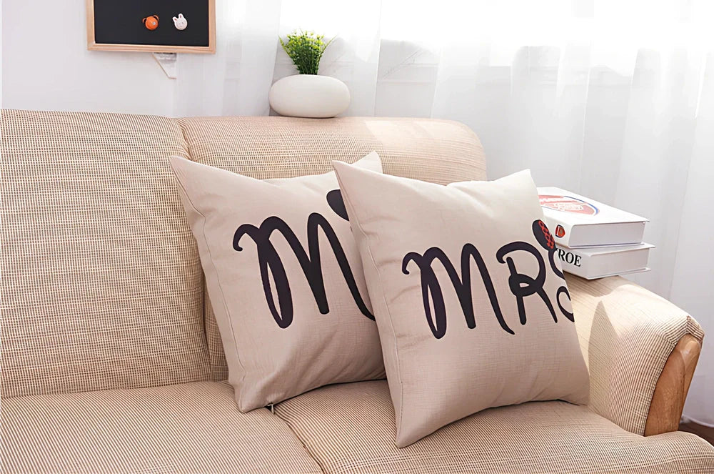 45x45cm Valentine linen pillowcase in cartoon style with MR text on white background