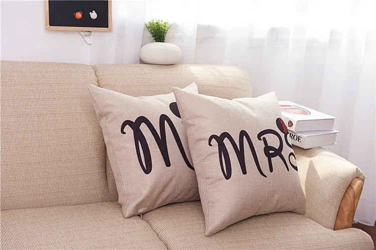 Valentine linen pillowcase 45x45cm cartoon cushion cover with MR and MRS colour options
