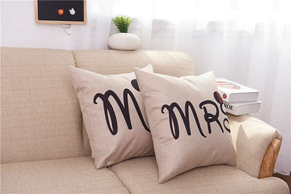 Valentine linen pillowcase 45x45cm cartoon cushion cover with MR and MRS colour options