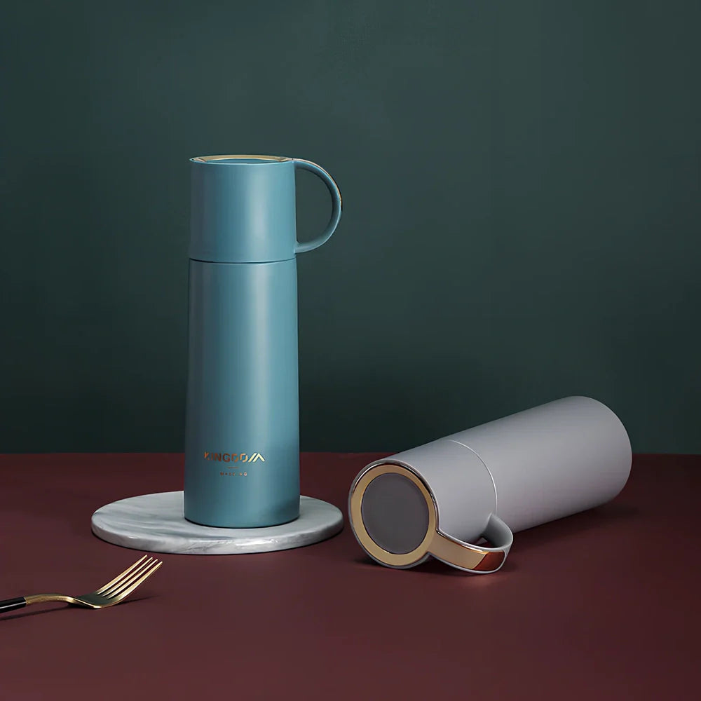 350ml stainless steel insulated vacuum flask in blue, with leakproof lid and round mouth for coffee or water