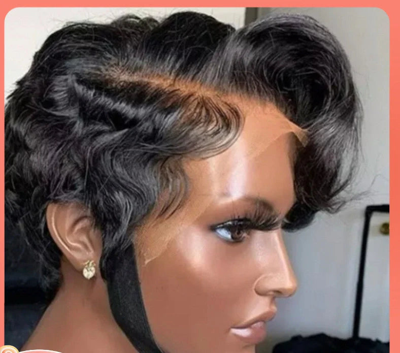 Short real human hair lace wig with oblique bangs and natural hairline appearance