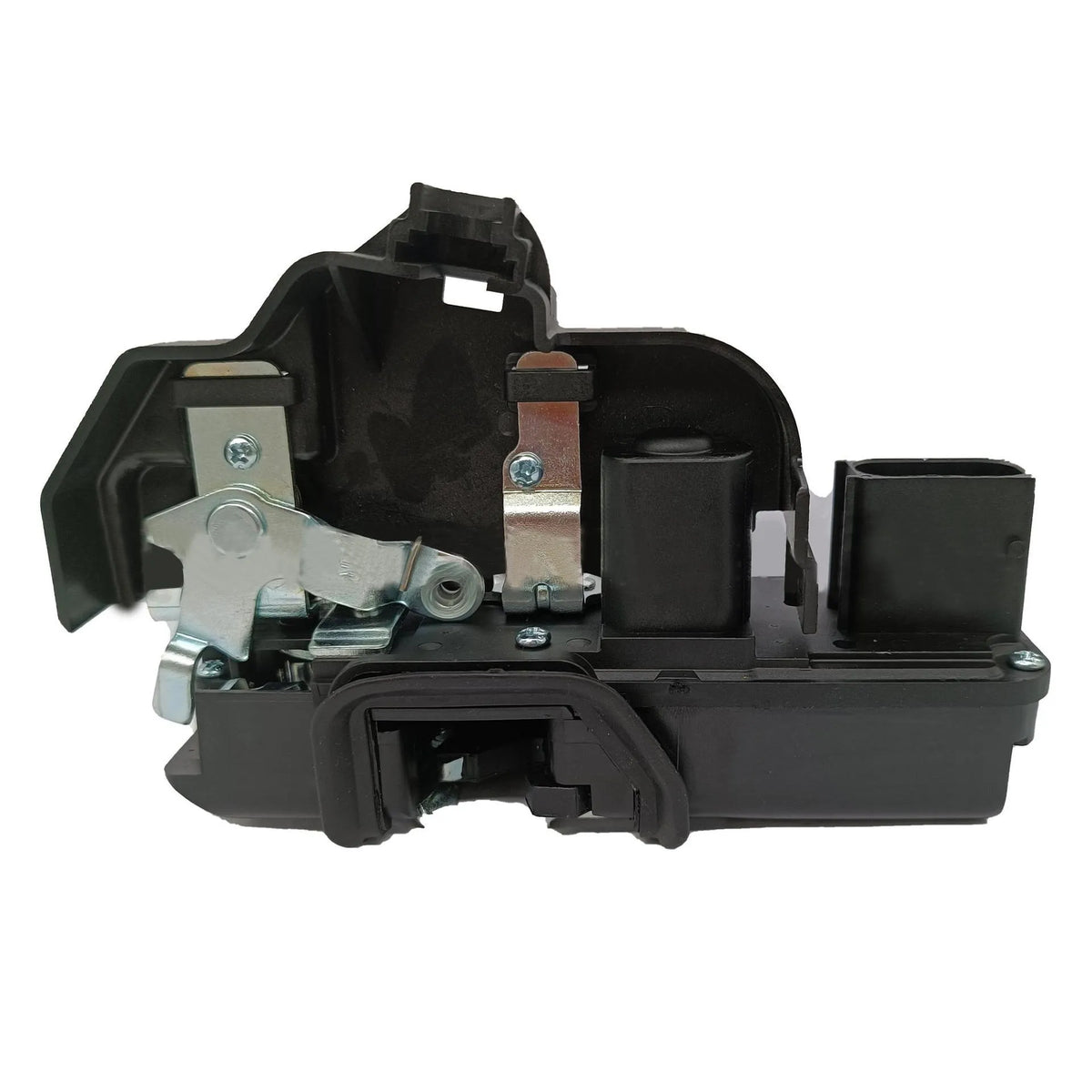 Black plastic door lock actuator for Cadillac SLS front right door with electrical connector