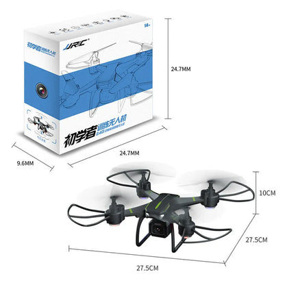 Blue remote control drone with four propellers and protective frame for aerial photography
