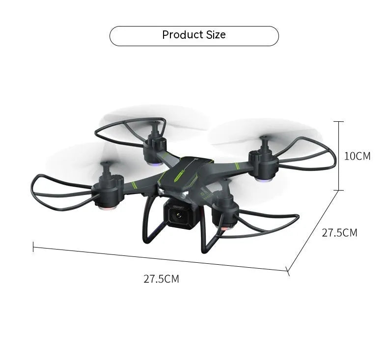 Blue remote control drone with four propellers and protective frame for aerial photography