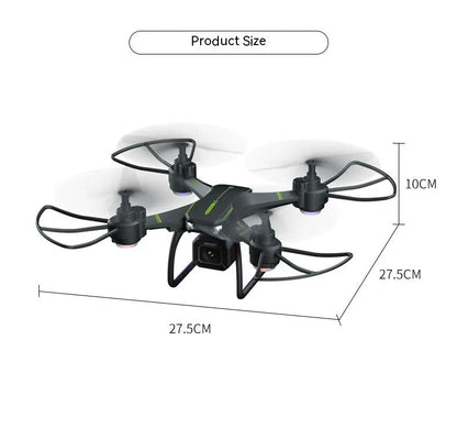 Blue remote control drone with four propellers and protective frame for aerial photography