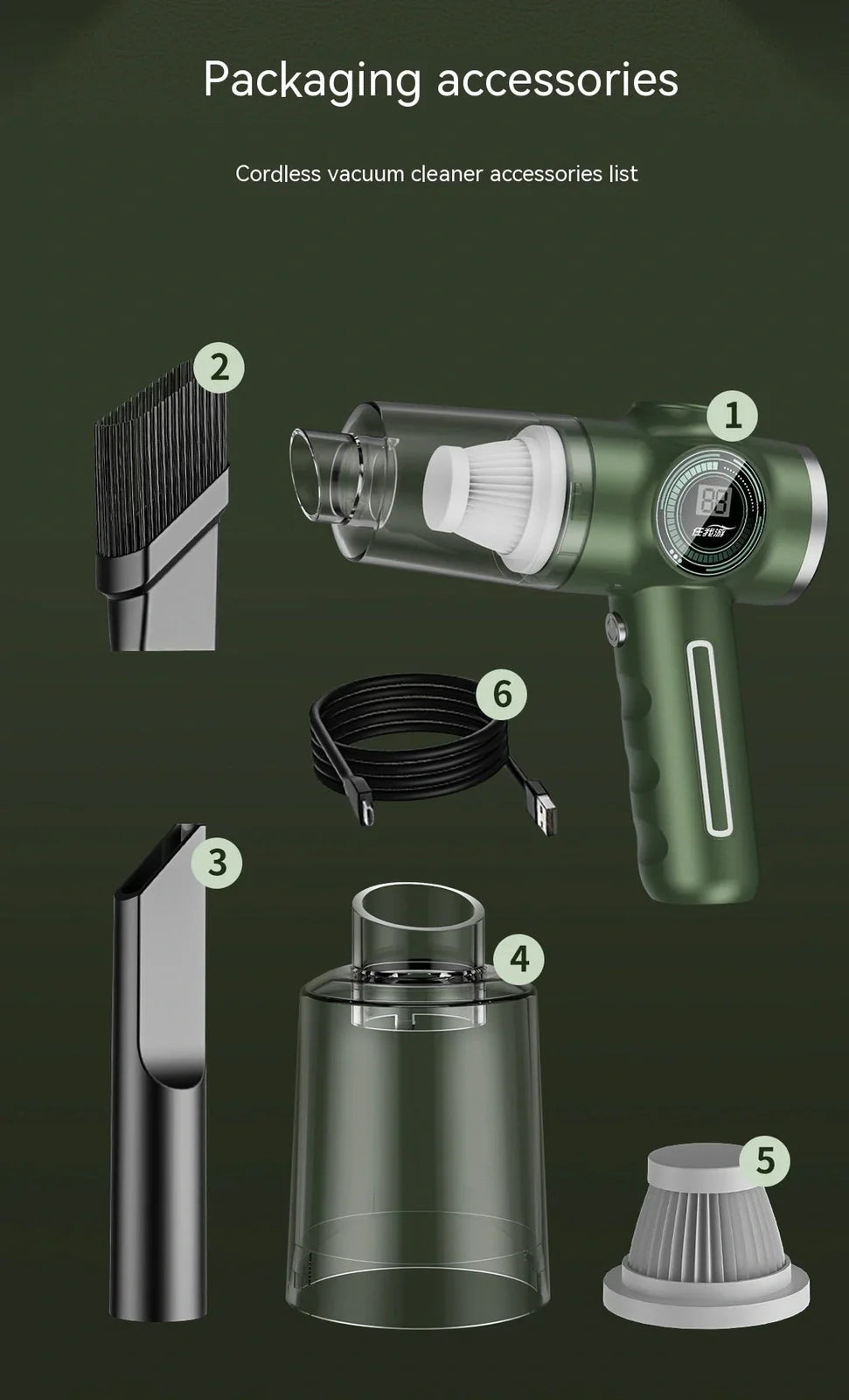 Black and green handheld vacuum cleaner with USB charging cable for car and home use