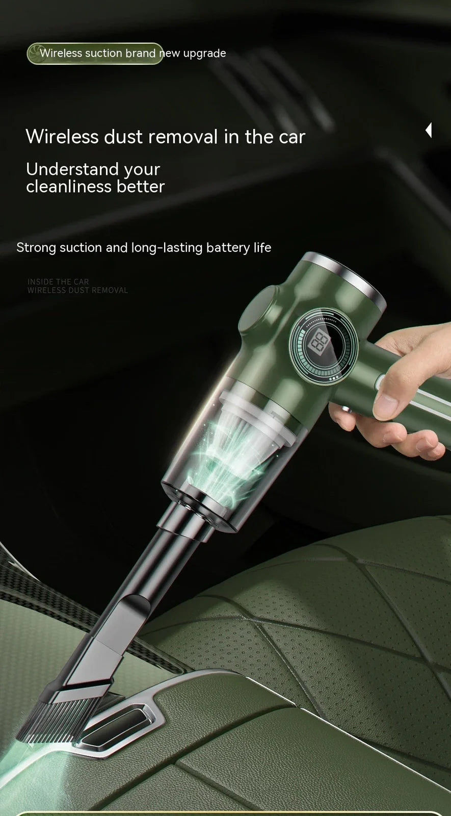 Black and green handheld vacuum cleaner with USB charging cable for car and home use