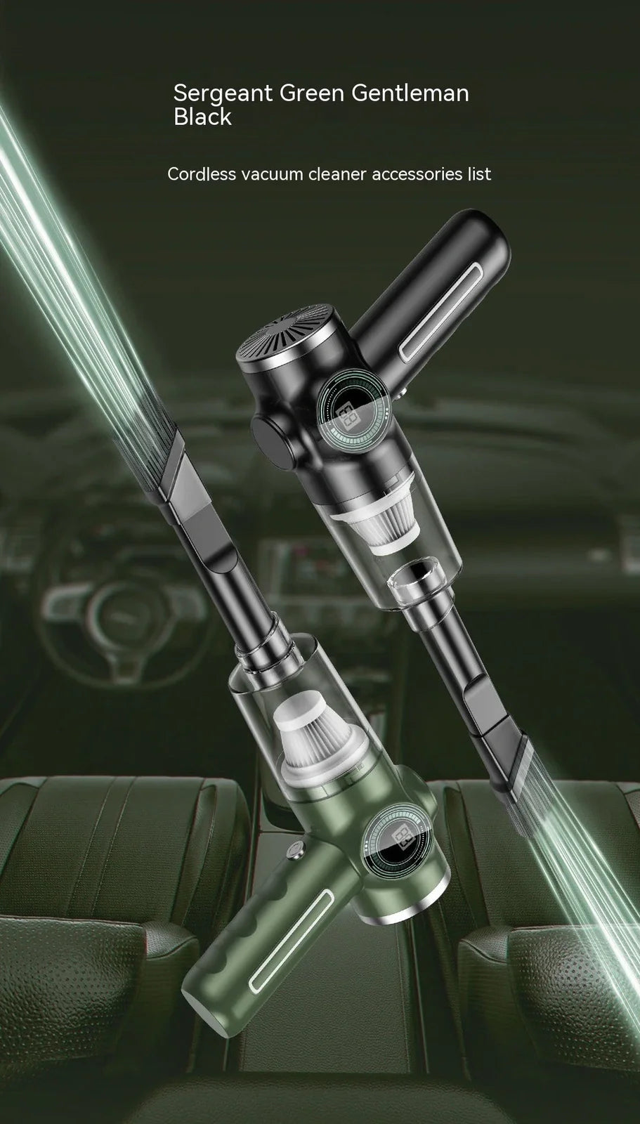 Black and green handheld vacuum cleaner with USB charging cable for car and home use