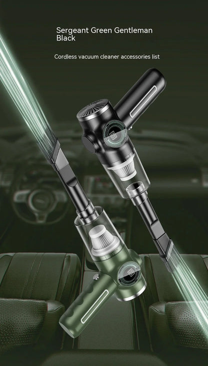 Black and green handheld vacuum cleaner with USB charging cable for car and home use