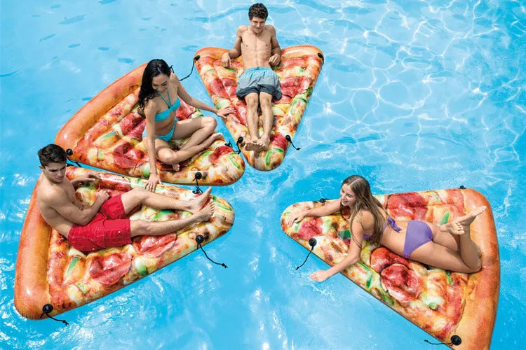 Inflatable pizza slice surfboard floating on water, 175cm by 145cm dimensions