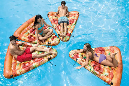 Inflatable pizza slice surfboard floating on water, 175cm by 145cm dimensions