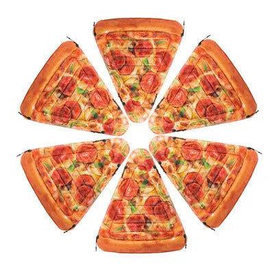 Inflatable pizza slice surfboard floating on water, 175cm by 145cm dimensions