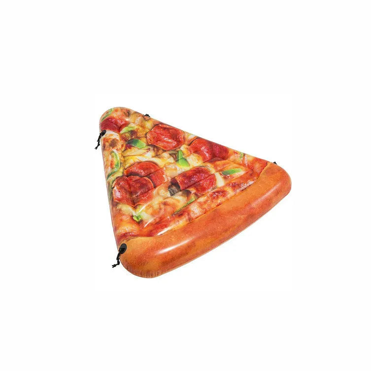 Inflatable pizza slice surfboard floating on water, 175cm by 145cm dimensions