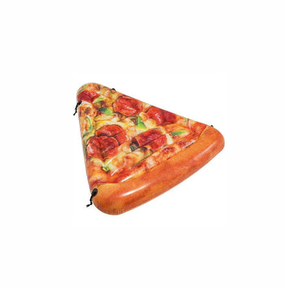 Inflatable pizza slice surfboard floating on water, 175cm by 145cm dimensions