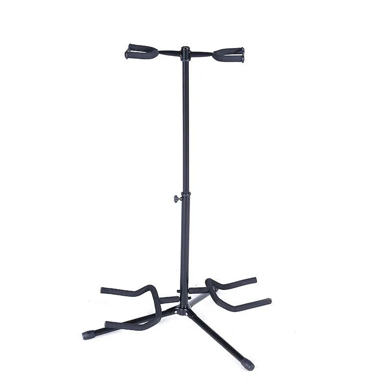 Black vertical double-headed adjustable guitar stand with protective rubber coating