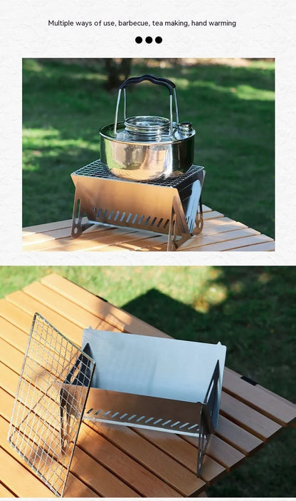 Folding stainless steel barbecue oven and grill with storage bag, shown in a large size for outdoor use.