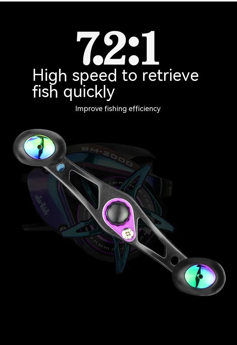 Colourful BM2000 spinning fishing reel with magnetic brake, shown in left and right-hand retrieve models.