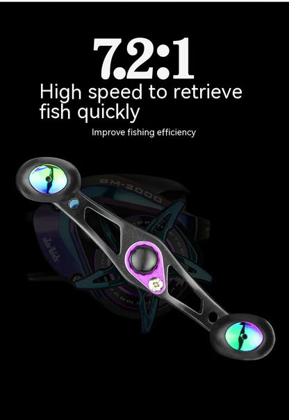 Colourful BM2000 spinning fishing reel with magnetic brake, shown in left and right-hand retrieve models.