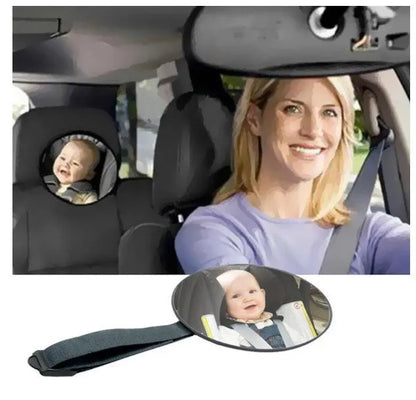 Black ABS baby safety rearview mirror with 17cm glass and adjustable strap for car headrest.
