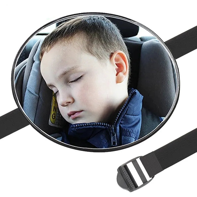 Black ABS baby safety rearview mirror with 17cm glass and adjustable strap for car headrest.