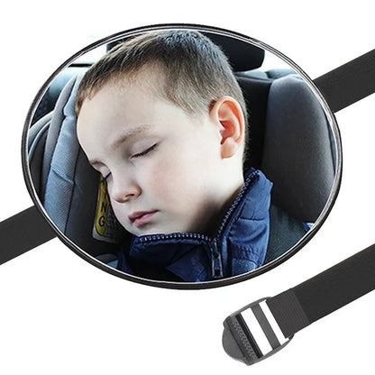 Black ABS baby safety rearview mirror with 17cm glass and adjustable strap for car headrest.